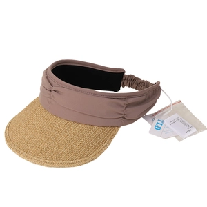 Women's UV protection open top straw sun hat with pink pleated fabric and elastic back