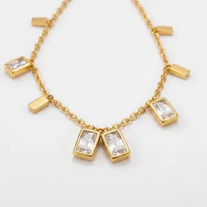 Minimalist Stainless Steel Pendant Necklace For Women Fashion Gold Color Rhinestone Geometric Square Charms Neck Jewelry