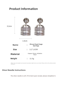 Detail view of zircon pearl cage earrings with dimensions and material specifications