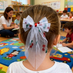 White mesh bow hair clip with red sequin cherry embroidery for elegant girls' hairstyle