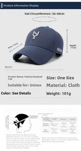 Size chart showing baseball cap dimensions including 56-60cm circumference and peak length