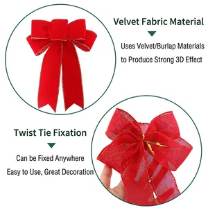 Red flocked velvet and burlap Christmas bows with gold wire ties for tree decoration