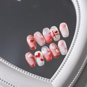 Stereo heart nail stickers set with pink 3D embossment and plaid pattern on mirror