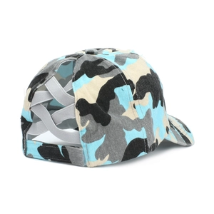 Detail of washed camouflage ponytail baseball cap showing rear criss-cross elastic straps