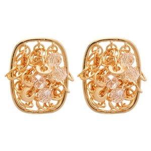 French style 18k gold plated square earrings with crystal clusters on white background
