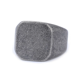 Vintage square signet ring in distressed stainless steel with a rustic silver finish