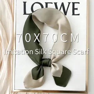 Elegant 70x70cm dark green and champagne imitation silk square scarf for women