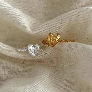 Heart Shape 925 Sterling Silver Ring Twisted Rope Band Hammered Texture Irregular Minimalist Jewelry For Women