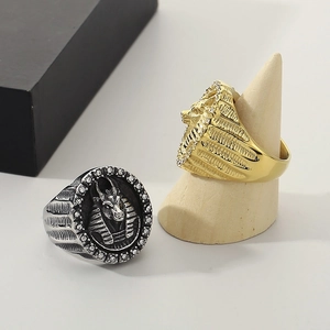 Close-up of silver and gold Egyptian rings with Anubis motifs and crystal inlays