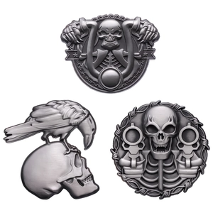 Three-piece gothic skull and raven metal pin set in punk style with embossed zinc alloy