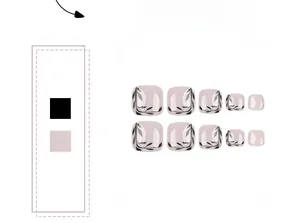 Detail of light purple press-on toenails featuring elegant black leaf patterns and solid finish