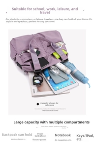 Purple multi-pocket tote bag showing large capacity for iPad, A4 files and essentials