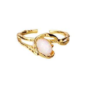 Luxury S925 sterling silver gold open ring with handmade wire-wrapped white opal gemstone