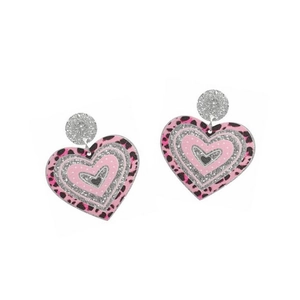Detail of heart earrings with pink leopard print and silver glitter layered design