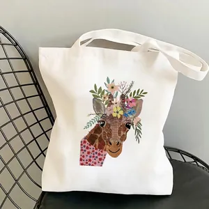 Canvas tote bag with cute giraffe print and colorful floral patterns for women