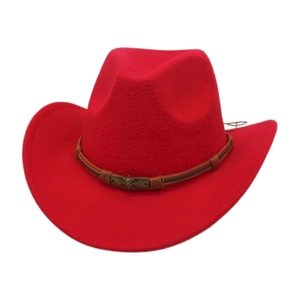 Close-up of red wool felt cowboy hat featuring a brown belt with a skull metal buckle