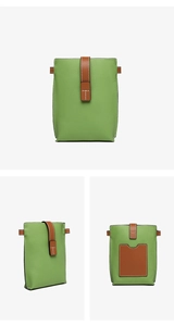 Three angles of a green and brown pebble leather mini crossbody mobile phone bag