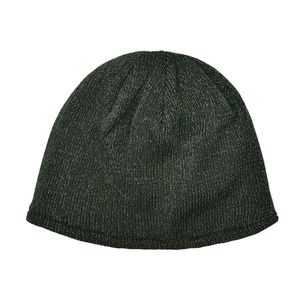 Detail of dark grey heathered knit beanie showing thick hem and soft warm thermal texture