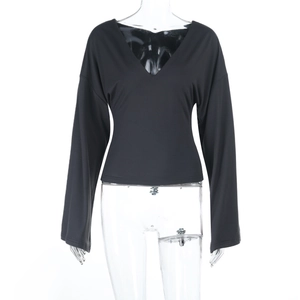 Slim fit black long sleeve V-neck top for women with elastic knit fabric and waist detail