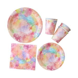 Watercolor splash disposable party tableware set with paper plates, cups and napkins