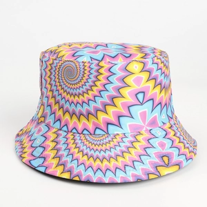 Macro detail of vibrant tie-dye bucket hat with colorful spiral psychedelic pattern