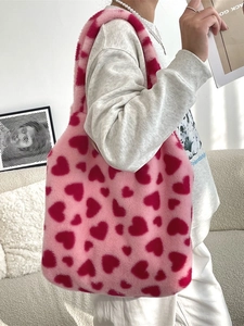 Pink plush tote bag with red hearts, faux fur shoulder bag for autumn and winter styles