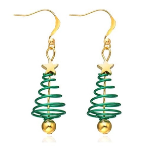 Close-up of green spiral Christmas tree earrings with golden star and hook details