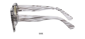 Side view of square sunglasses featuring black and grey striped translucent frames
