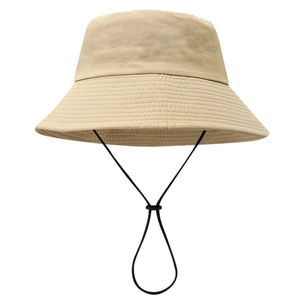 Quick-dry breathable khaki bucket hat with adjustable black drawstring and wide brim