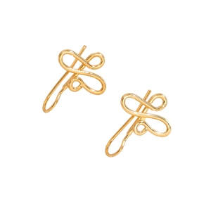 Detailed view of minimalist gold twisted wire loop earrings with polished metal finish