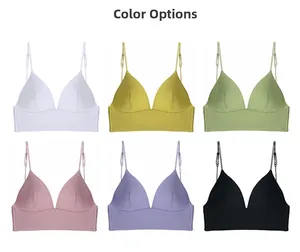 Color display of ribbed cotton bralettes in white, yellow, green, pink, purple, and black