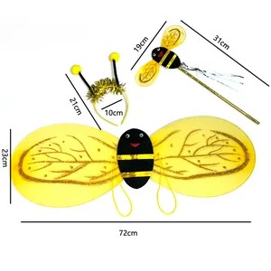 Size chart showing 72x23cm bee wings, 21cm headband, and 31cm wand for kids costume