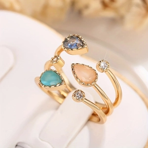 Three-layer open ring with water drop gemstones in turquoise, navy and pink