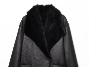 Close-up of plush faux fur collar and premium leather texture on a long winter coat
