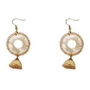 Bohemian round woven drop earrings with gold finish and white net pattern for women