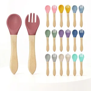 Baby Silicone Spoon And Fork With Wooden Handle Soft Tip Food Grade For Infant Toddler Self Feeding Training Utensils