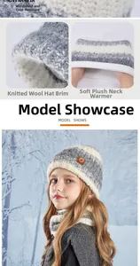 Detail of children's striped knit hat and scarf set with thick white fleece lining