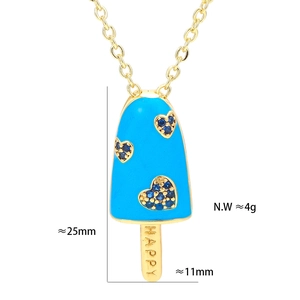 Detail of blue popsicle pendant with 'HAPPY' engraving and blue heart crystals