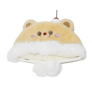 Cute plush bear winter hat with earflaps and pom-poms for women in brown and white