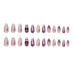 Metallic purple moon and star press on nails with 3D cat eye effect set of 24 pieces