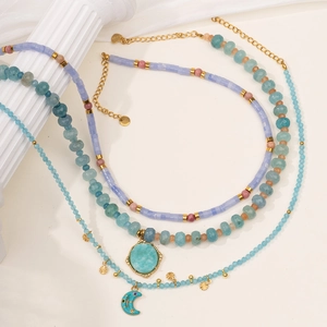 Bohemian multilayer beaded necklace with purple agate, moon charm and golden pendant