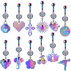 Rainbow surgical steel belly rings set with sparkling zircon crystals in 12 assorted styles