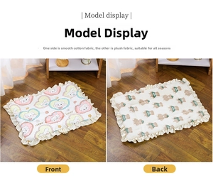 Dual-sided pet mat detail showing rabbit cotton fabric and plush bear faux fur textures