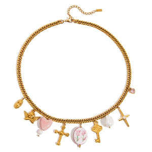 Gold stainless steel Cuban link necklace with pink heart, angel and cross charms