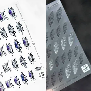 Macro view of ultra-thin 5D butterfly and cicada wing nail stickers with detailed patterns