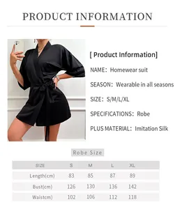 Detailed size chart for black imitation silk robe with bust and length measurements