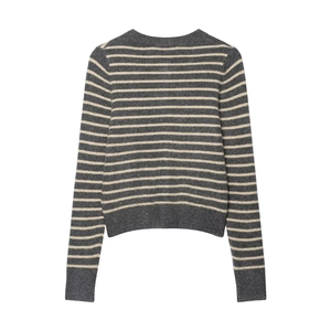 Women's classic grey and beige striped knit cardigan with ribbed cuffs and hem, back view