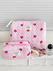 Pink striped strawberry quilted makeup bag set with heart stitching and large capacity