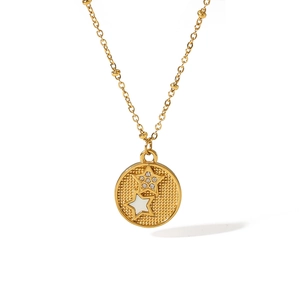 Gold stainless steel ball chain necklace with sparkling zircon star and moon disk pendant