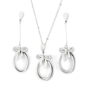 Women Stainless Steel Jewelry Set Rhinestone Bowknot Hollow Intertwined Oval Necklace And Earring Set Elegant Fashion